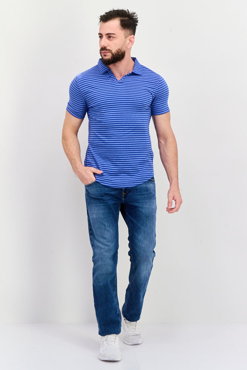 Project Essentials Men Regular Fit Stripe Short Sleeve Polo Shirt, Blue - Image 4