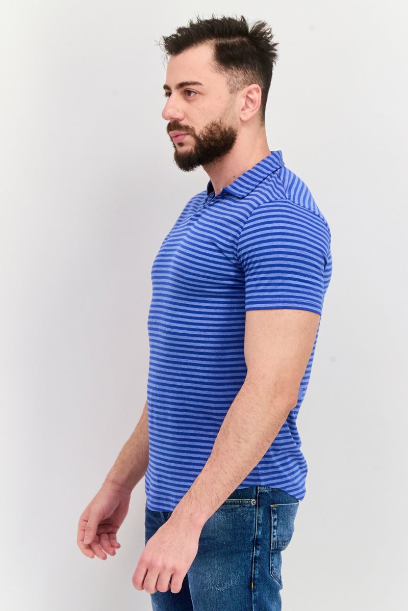 Project Essentials Men Regular Fit Stripe Short Sleeve Polo Shirt, Blue - Image 2