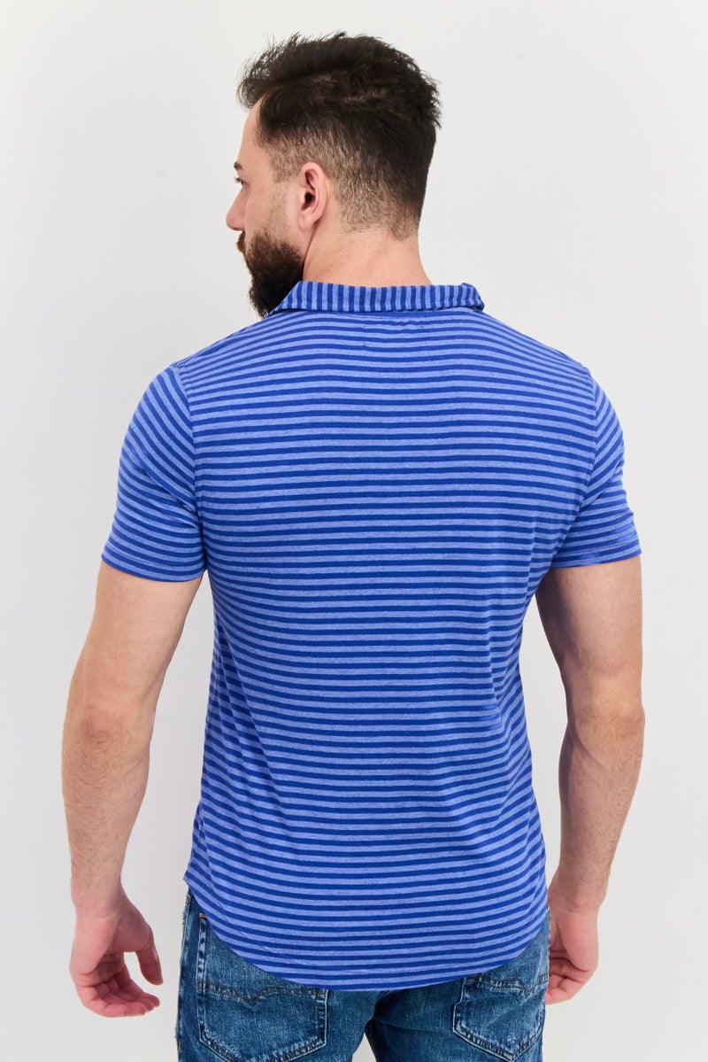 Project Essentials Men Regular Fit Stripe Short Sleeve Polo Shirt, Blue - Image 3