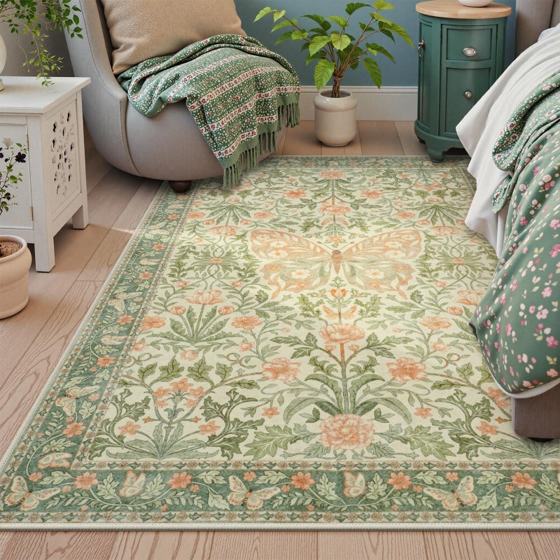 Collive 5x7 Butterfly Area Rug Vintage Floral Rug for Girls Bedroom Washable Non Slip Soft Boho Insect Carpet for Living Room Nursery Kids Room Playroom Grass Green