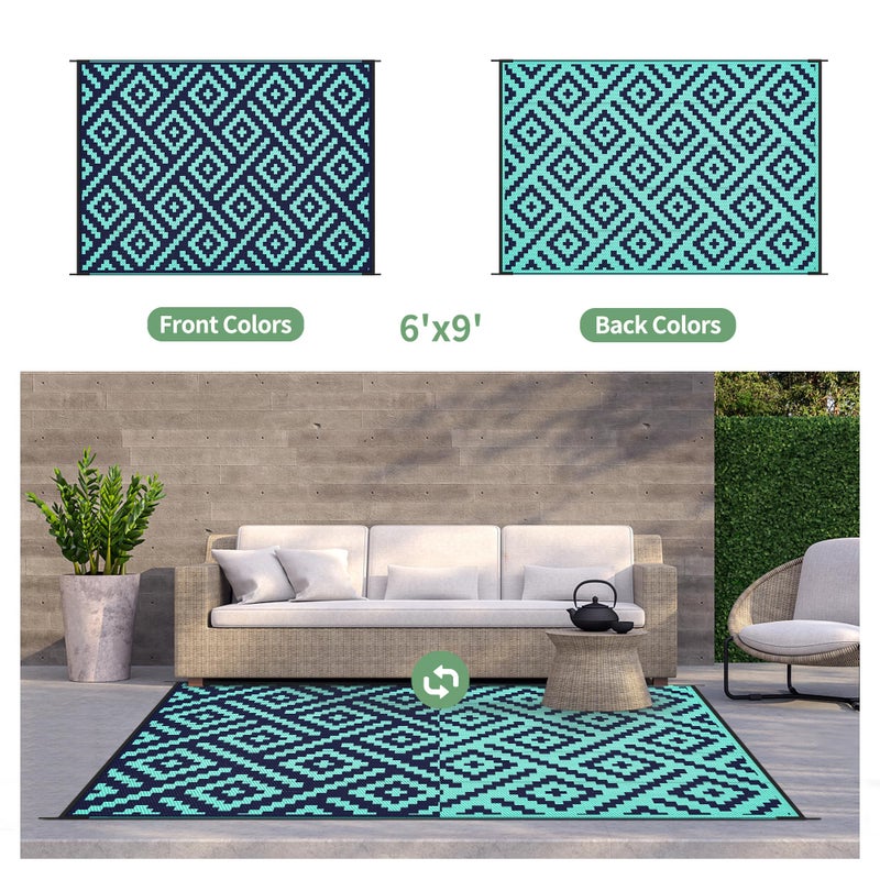 GENIMO Outdoor Rug for Patio Clearance, 6'x9' Waterproof Camping Mat, Reversible Plastic Straw Rugs for RV, Camper, Balcony, Backyard, Picnic, Deck (Navy Blue & Jade Green) - Image 4