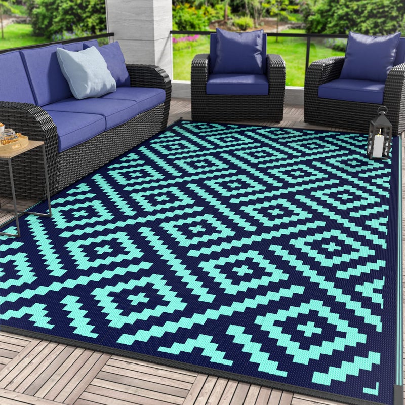 GENIMO Outdoor Rug for Patio Clearance, 6'x9' Waterproof Camping Mat, Reversible Plastic Straw Rugs for RV, Camper, Balcony, Backyard, Picnic, Deck (Navy Blue & Jade Green) - Image 1