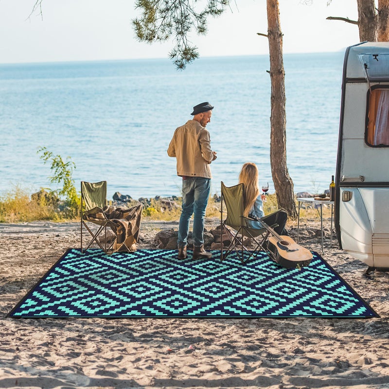 GENIMO Outdoor Rug for Patio Clearance, 6'x9' Waterproof Camping Mat, Reversible Plastic Straw Rugs for RV, Camper, Balcony, Backyard, Picnic, Deck (Navy Blue & Jade Green) - Image 3