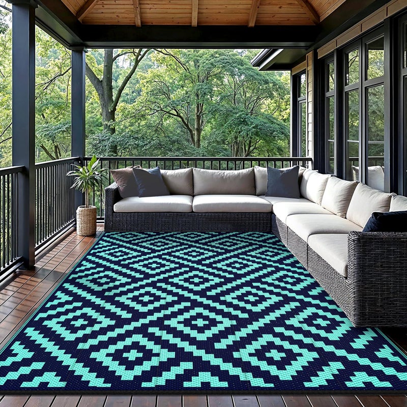 GENIMO Outdoor Rug for Patio Clearance, 6'x9' Waterproof Camping Mat, Reversible Plastic Straw Rugs for RV, Camper, Balcony, Backyard, Picnic, Deck (Navy Blue & Jade Green) - Image 2