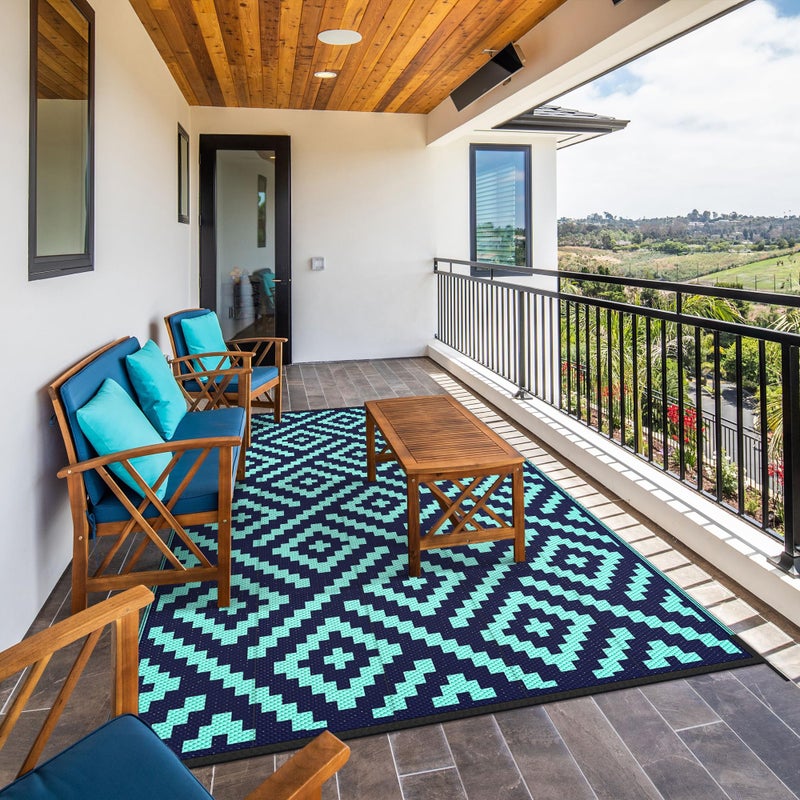 GENIMO Outdoor Rug for Patio Clearance, 6'x9' Waterproof Camping Mat, Reversible Plastic Straw Rugs for RV, Camper, Balcony, Backyard, Picnic, Deck (Navy Blue & Jade Green) - Image 5