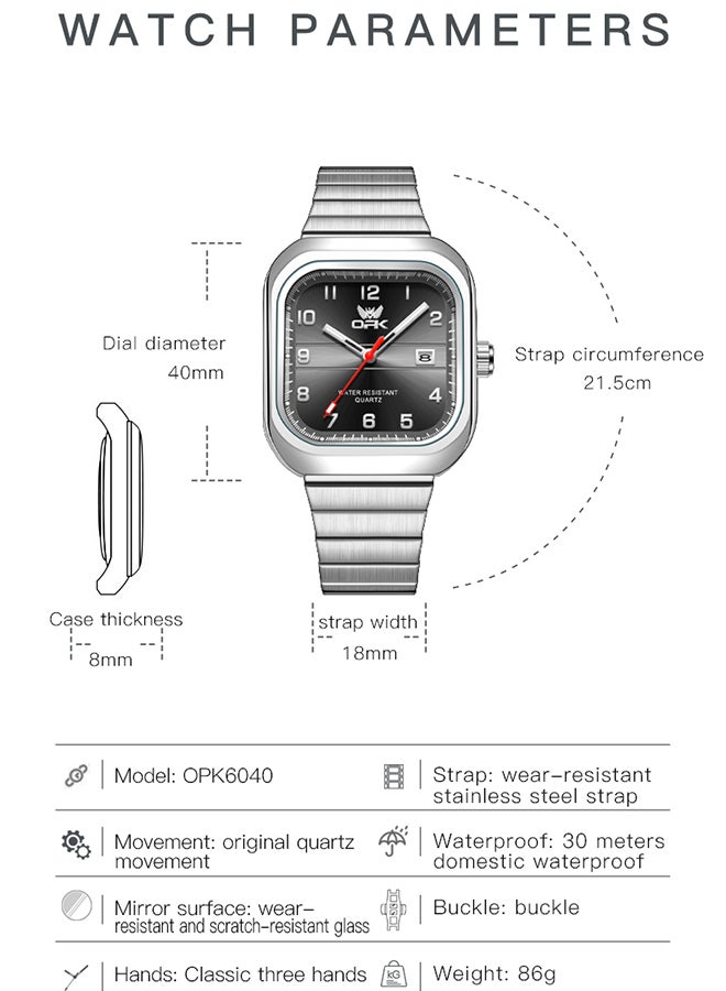 Opk Brand Watch, Stylish Business Exquisite Quartz Watch, Waterproof Single Calendar, Men'S Watch - 6040 Steel Strap, Natural Black. - Image 2
