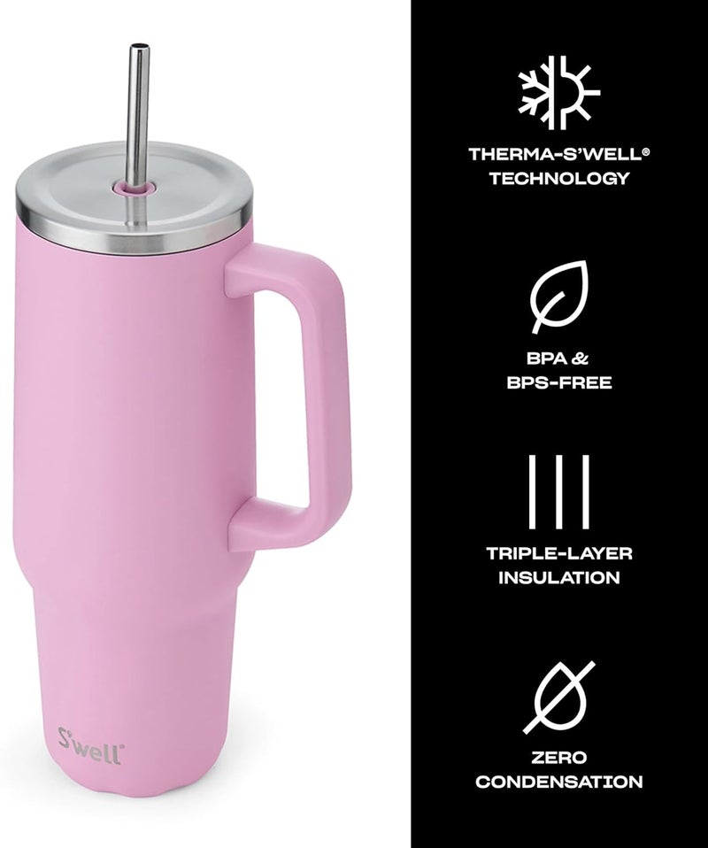 S'well Recycled Stainless Steel Tumbler XL with Straw and Handle, 40oz, Hydrangea Pink, Triple Layered Vacuum Insulated Containers Keeps Drinks Cold for 50 hours and Hot for 10 - Image 2