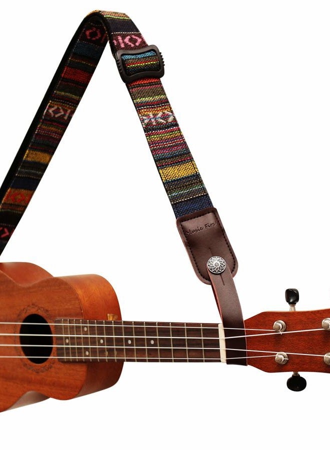MUSIC FIRST Classic Country style Soft Yarn-dyed fabric & Genuine Leather Ukulele Strap Ukulele Shoulder Strap Version 2.0 With a Genuine Leather Strap Locker - Image 2