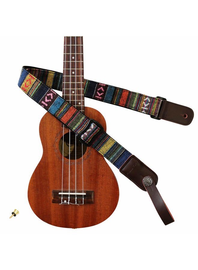 MUSIC FIRST Classic Country style Soft Yarn-dyed fabric & Genuine Leather Ukulele Strap Ukulele Shoulder Strap Version 2.0 With a Genuine Leather Strap Locker - Image 1