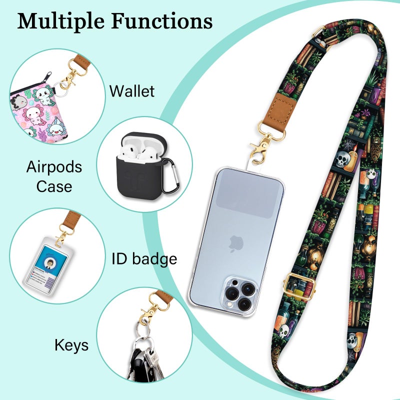 Piefly Phone Lanyard Crossbody Strap, Goth Bookshelf Cell Phone Lanyards for Around the Neck Wristlet Shoulder, Funny Skull Gothic Wrist Strap Adjustable Witchy Accessories Travel Essentials - Image 4