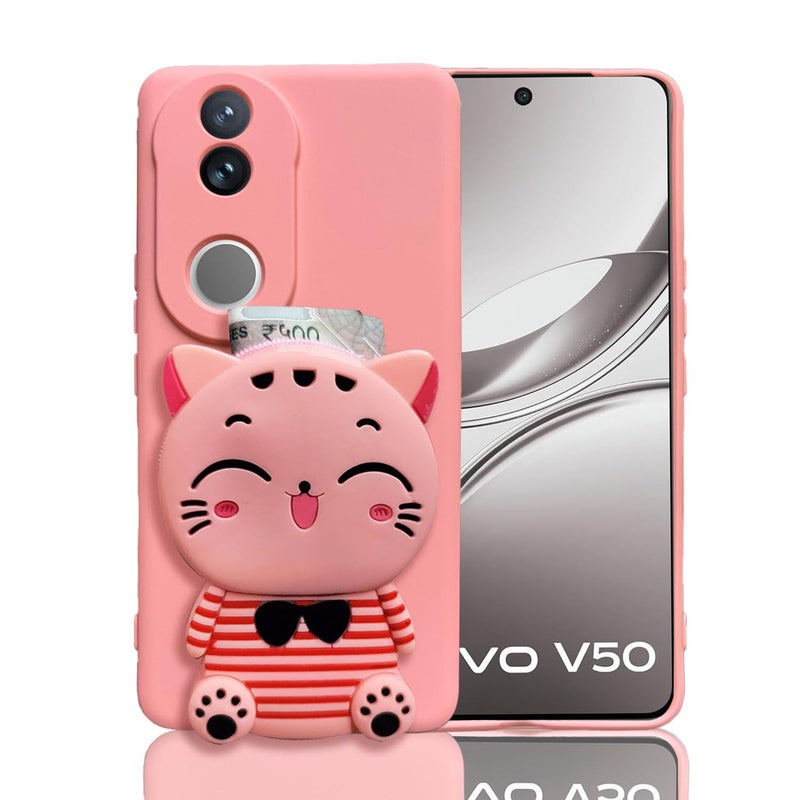 KC Back Cover for Vivo V50 5G / Vivo V50e 5G Cat Stripe Kitten with Purse Case with Camera Protecion (Pink) - Image 4