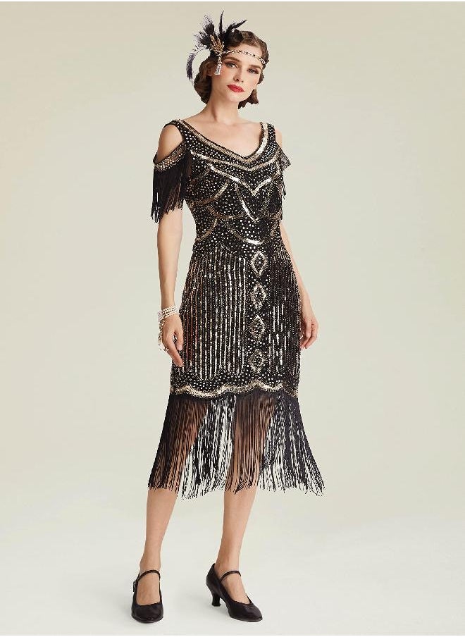 BABEYOND BABEYOND Womens 1920s Flapper Dress Vintage Long Fringe Dress Roaring 20s Sequins Beaded Dress (BlackGold, M)  - Image 2