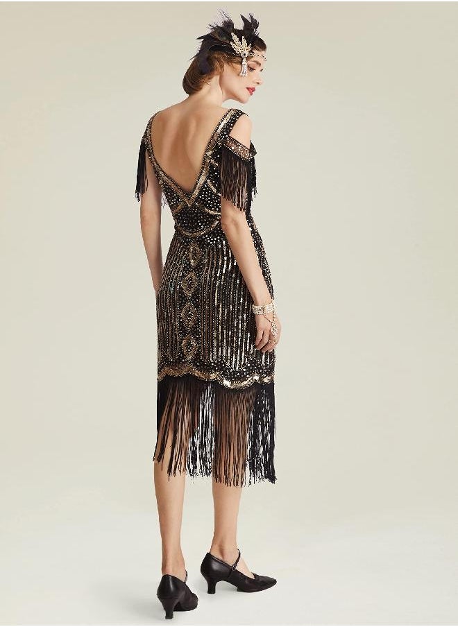 BABEYOND BABEYOND Womens 1920s Flapper Dress Vintage Long Fringe Dress Roaring 20s Sequins Beaded Dress (BlackGold, M)  - Image 1
