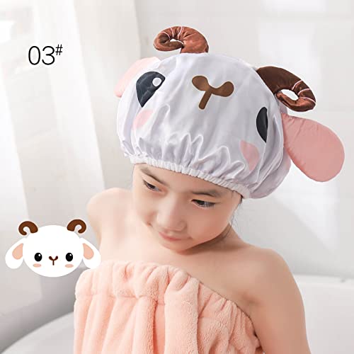 Foyadi Bath Reusable Shower Caps Designed for Baby, Kids, Children,Long/Thick Hair, Cute, Waterproof, Cartoon Animal, Double Layer Bathing Hat for Boys, Girls, Women(Yellow Fish, Cute Sheep) - Image 3