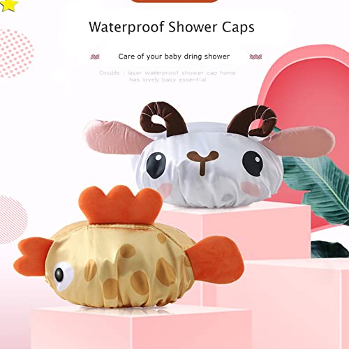 Foyadi Bath Reusable Shower Caps Designed for Baby, Kids, Children,Long/Thick Hair, Cute, Waterproof, Cartoon Animal, Double Layer Bathing Hat for Boys, Girls, Women(Yellow Fish, Cute Sheep) - Image 4