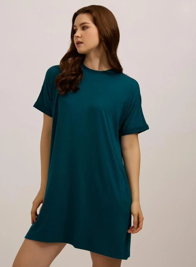 OUTZIDR Teal Fold-Up Sleeve T-Shirt Mini Dress