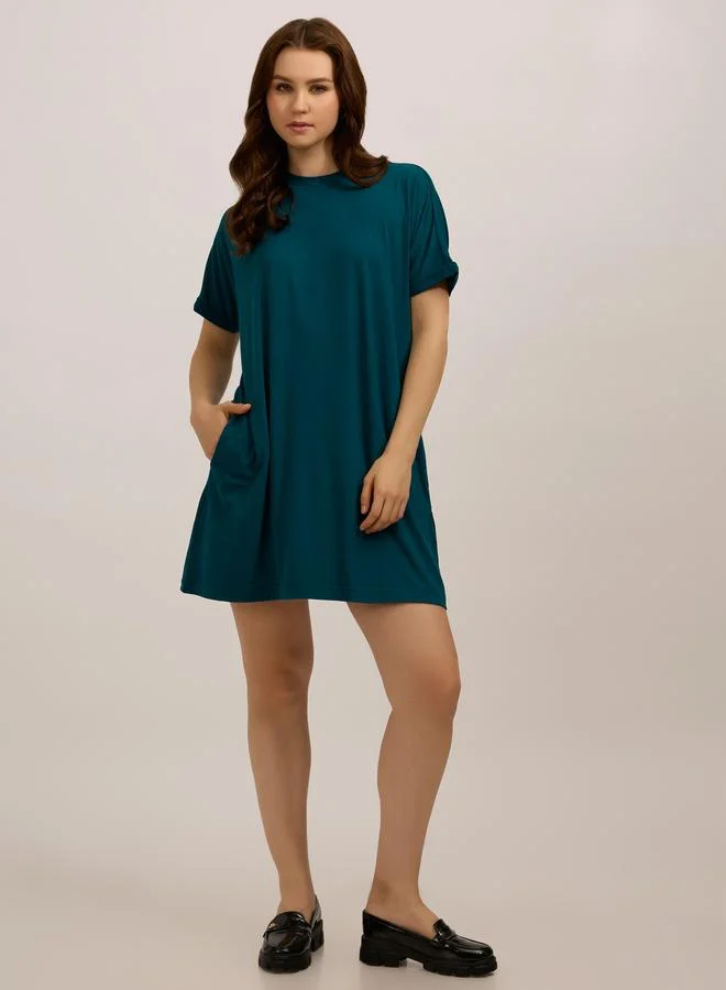 OUTZIDR Teal Fold-Up Sleeve T-Shirt Mini Dress