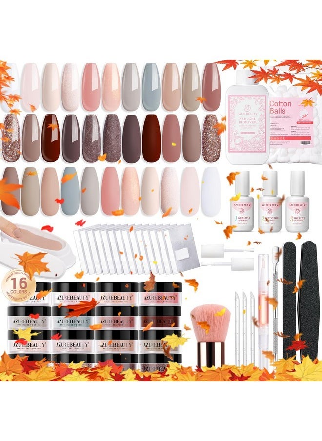 AZUREBEAUTY 130 Pcs Dip Powder Nail Kit,16 Colors Nude Pink Shine Brown Gray Dip Powder Liquid Set With Professional Remover/Top/Base Coat/Activator For Nails Art Manicure Diy Salon Women  - Image 1