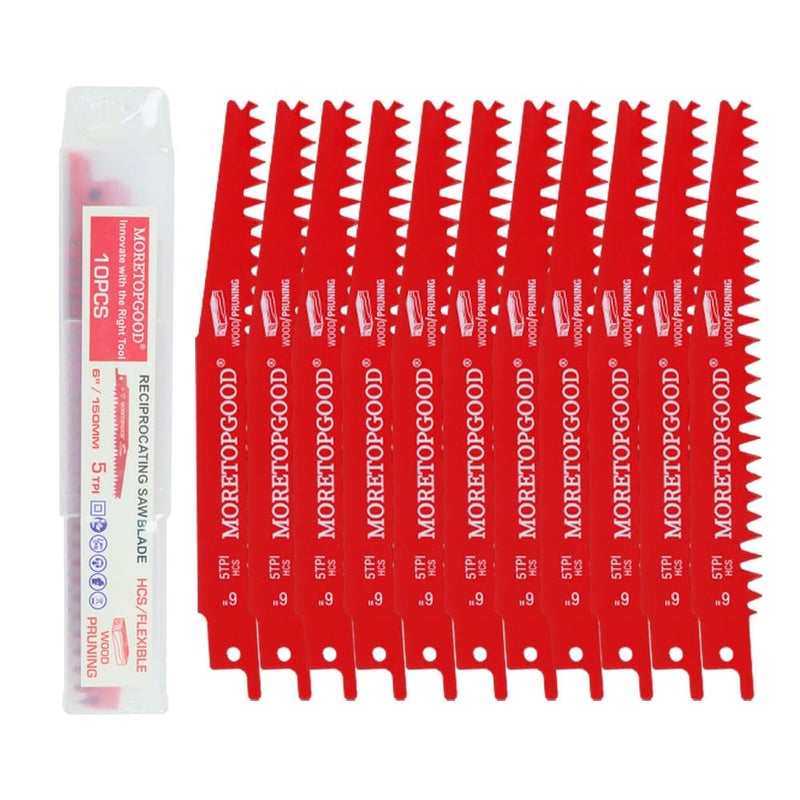 MORETOPGOOD 10pcs Wood Pruning Reciprocating Saw Blades, 6 Inch 5TPI Saw Blades for Trees Wood Cutting, Wood Saw Blades - Image 1
