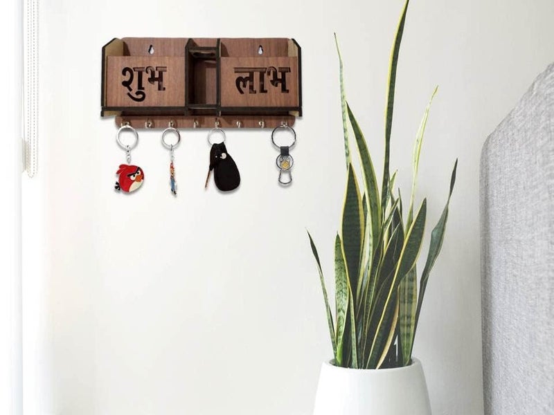 My Dream Carts Shubh Labh Key Holder Unique Designer 2 Pocket Pen and Mobile Stand Stainless Steel 8 Hooks Wooden Key Holder for Home, Key Stand for Wall, Key Organizer for Office, Hall Decoration - Image 5