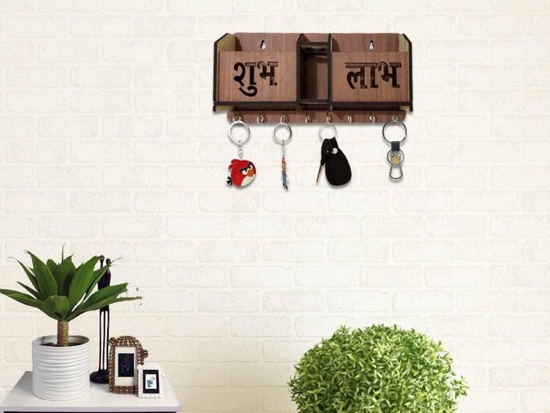 My Dream Carts Shubh Labh Key Holder Unique Designer 2 Pocket Pen and Mobile Stand Stainless Steel 8 Hooks Wooden Key Holder for Home, Key Stand for Wall, Key Organizer for Office, Hall Decoration - Image 3