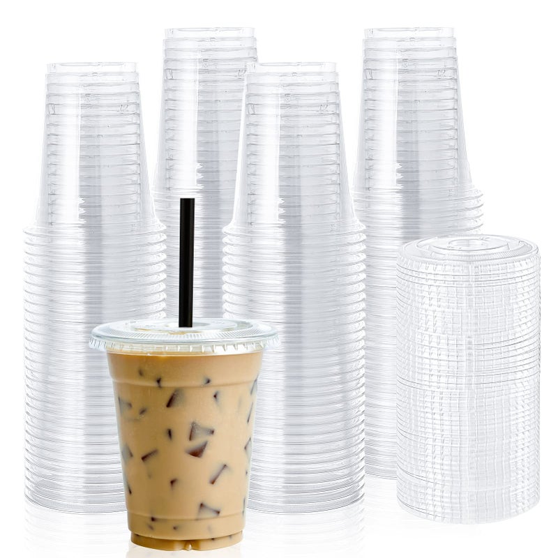 Lilymicky 100 Sets 12 oz Clear Plastic Cups with Flat Lids 12 oz Disposable Drinking Cups With Lids for Ice Coffee Smoothie Slurpee or Any Cold Drinks