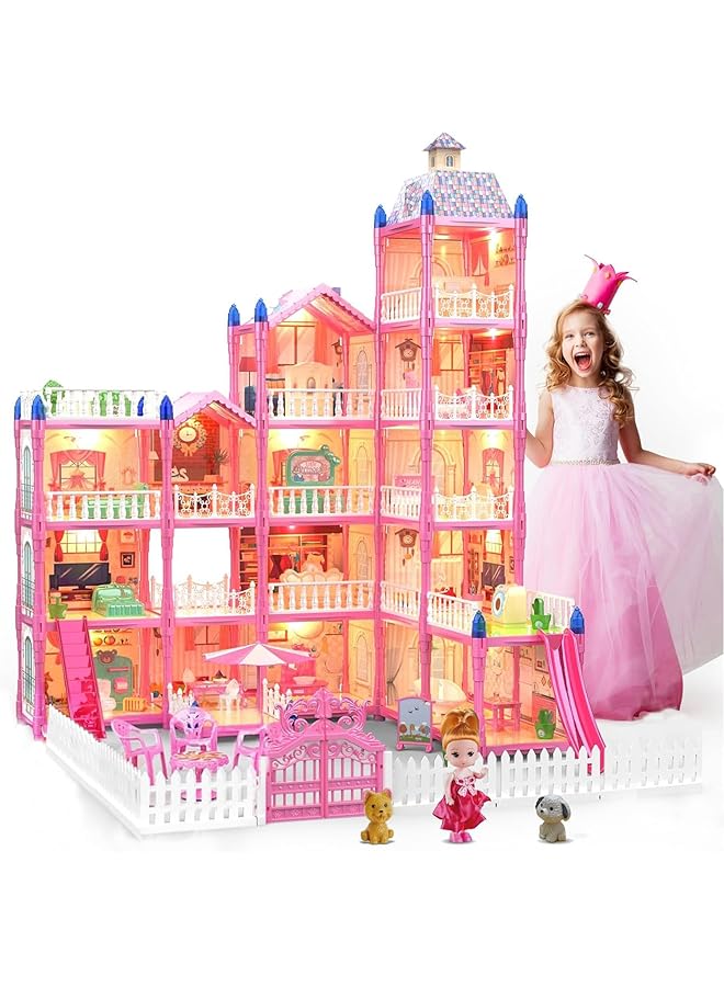 DMG TECH Dream Dollhouse 5 Story 15 Rooms Playhouse With Lights Assemble Kitchen Bedroom Furniture Garden Pink - Image 1