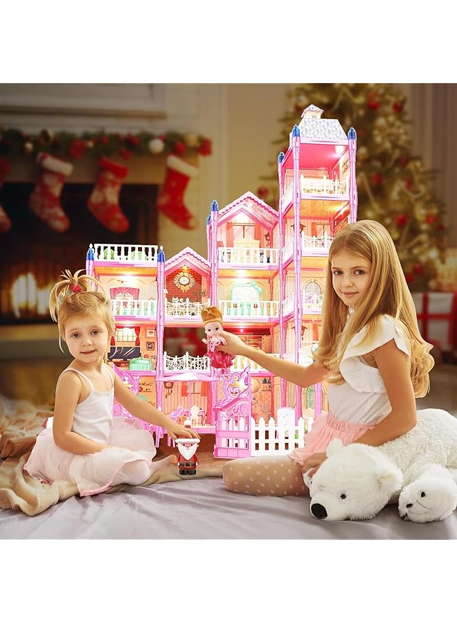 DMG TECH Dream Dollhouse 5 Story 15 Rooms Playhouse With Lights Assemble Kitchen Bedroom Furniture Garden Pink - Image 5