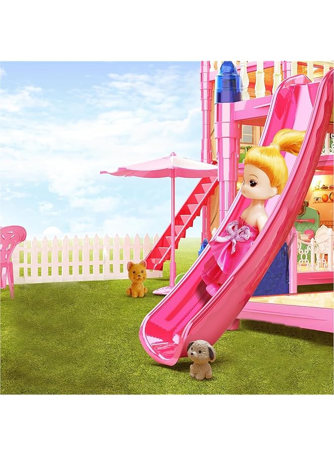 DMG TECH Dream Dollhouse 5 Story 15 Rooms Playhouse With Lights Assemble Kitchen Bedroom Furniture Garden Pink - Image 4