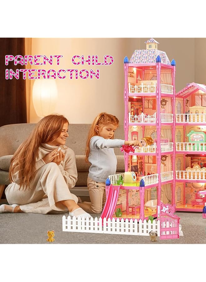 DMG TECH Dream Dollhouse 5 Story 15 Rooms Playhouse With Lights Assemble Kitchen Bedroom Furniture Garden Pink - Image 2