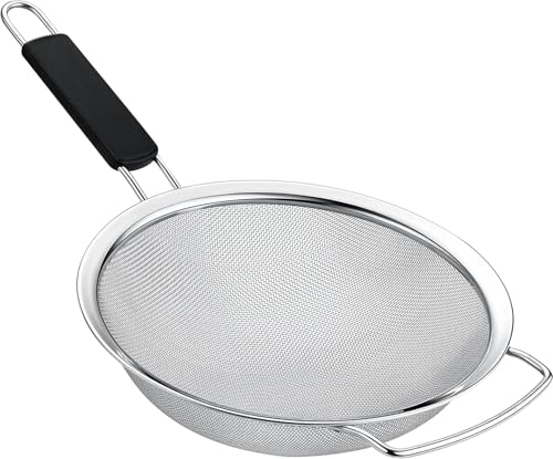 Kafoor 8 Large Fine Mesh Strainer with thermo plastic rubber handle  Sieve Fine Mesh Stainless Steel  Ideal to Strain Pasta Quinoa and Rice
