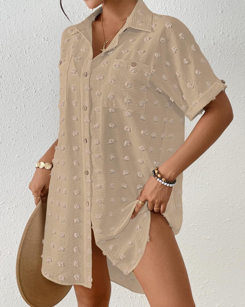 Bsubseach Swimsuit Coverup for Women Swiss Dot Bathing Suit Swimwear Button Down Beach Shirt Cover Up Resort Wear Light Khaki M - Image 4