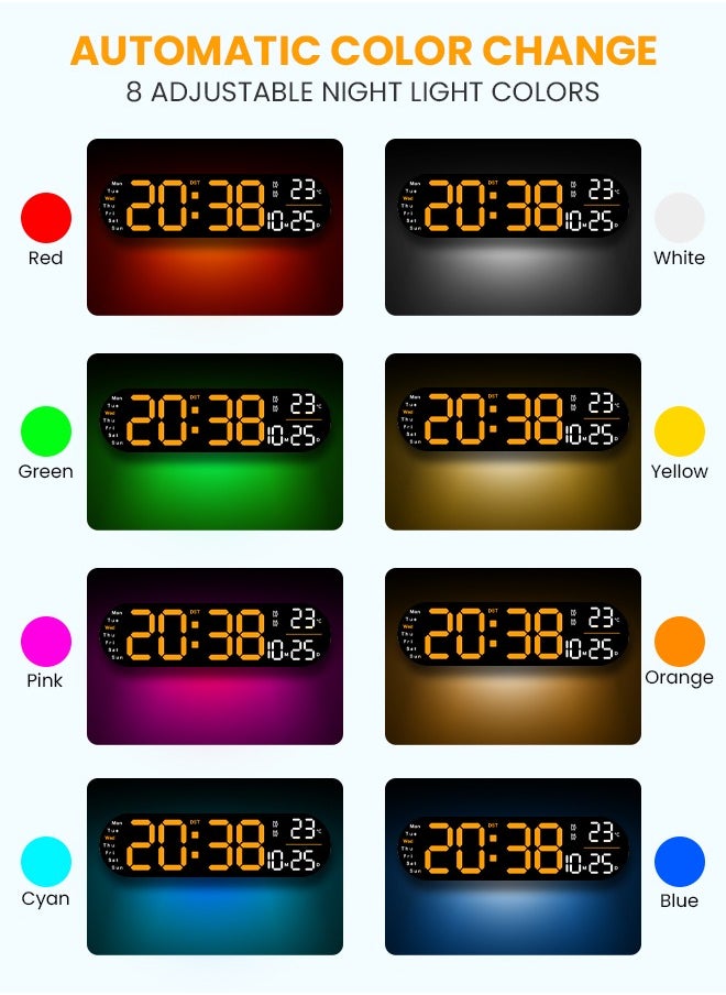 Necomi - LED Digital Clock, Digital Wall Clock with Remote Control, RGB Atmosphere Lights with 8 Adjustable Night Light Colors, Dual Alarms, Temperature for Room - Image 1