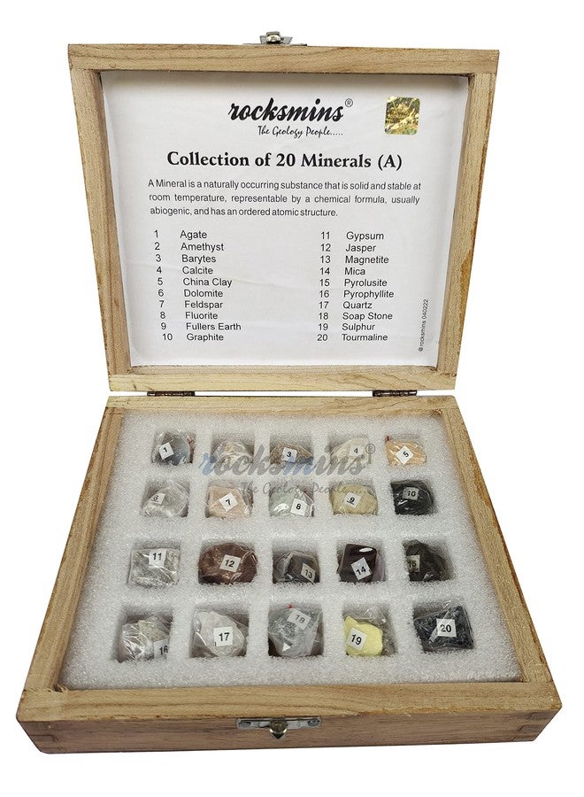 روكسمينز مجموعة روكسمين من 20 عينة معدنية في صندوق خشبي، مثالية للتعليم المدرسي. مجموعة عينات جيولوجية، علوم الأرض، أحجار، نشاط ذاكرة معدنية، جيولوجيا، ألعاب تعليمية رائعة للأطفال في مجالات العلوم والتكنولوجيا والهندسة والرياضيات. - Image 1