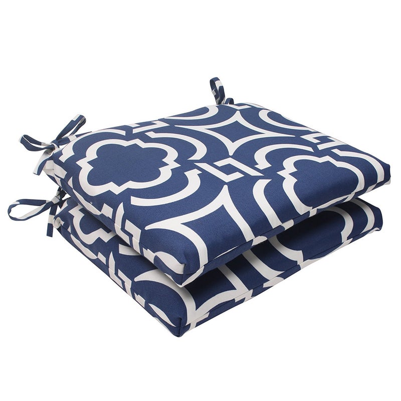 Pillow Perfect Trellis IndoorOutdoor Chair Seat Cushion with Ties Squared Corner Plush Fiber Fill Weather and Fade Resistant 16 x 185 Blue Carmody Navy 2 Count