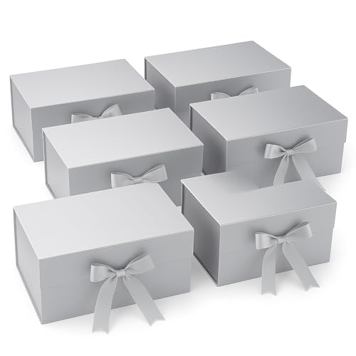 Awestuffs Gift Box Modern Folding Boxes with Ribbon Readymade Boxes for Gifting, Birthday, Parties, Festivals and Return Gifts (Size: Large) (Colour: Silver) (23 x 16 x 10 cm) (Set of 6) - Image 1