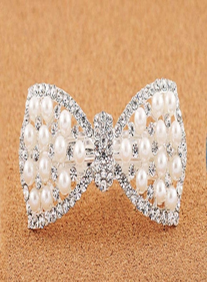 BeeSpring Silver Korean Style Crystal Rhinestone Hair Barrettes Butterfly Pearls Hair Clips Pins for Women (1Pcs) - Image 3