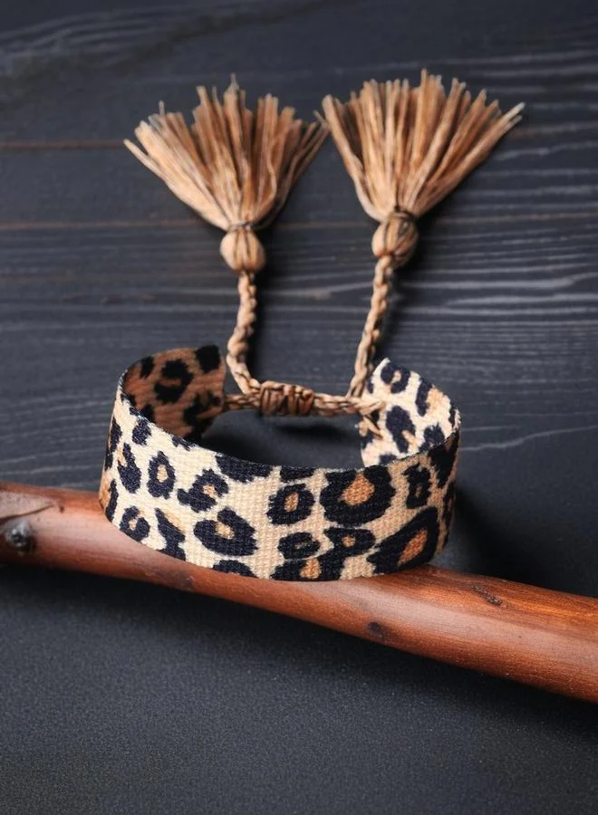 Take Two Multi-Color Leopard Print Tassel Details Woven Bracelet