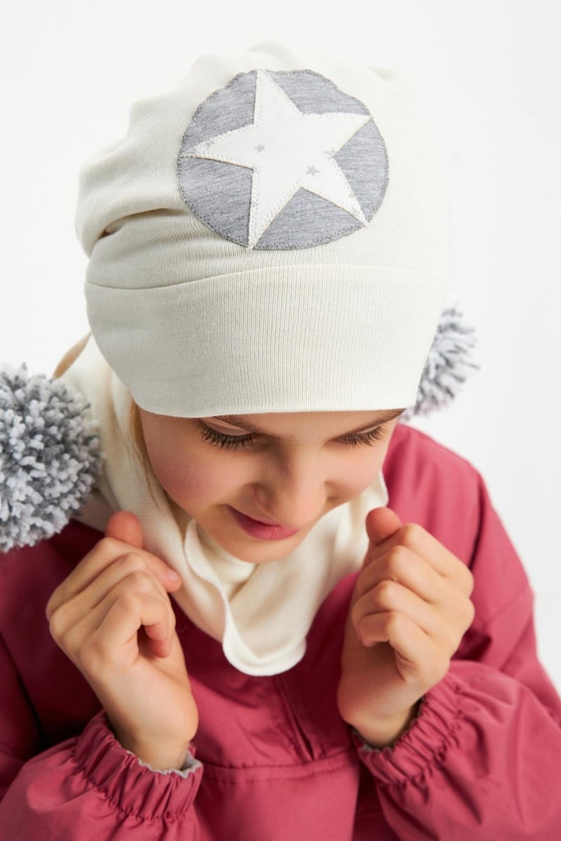 Babygiz White Baby Girl Kid Pompom Beanie Neck Collar Set Soft Double Layer 100% Natural Cotton  - Image 2