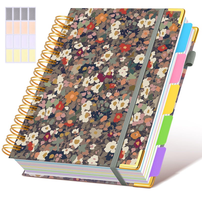 dilitego Hardcover Spiral Notebook journal with Removable Dividers Tabs, 300 Pages 5 Subject Notebook College Ruled, 100GMS Notebooks for Work School Note taking,Lined Journal for Women,A5-Flower - Image 1