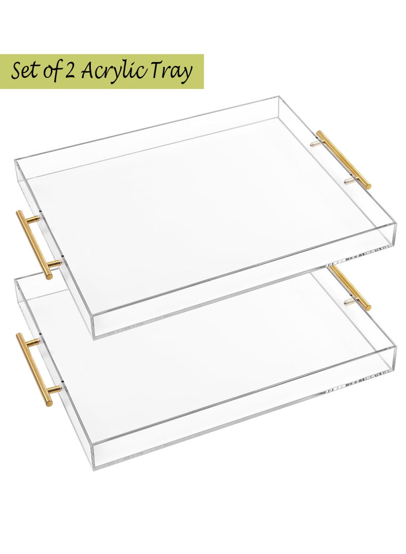 تداو صينية أكريليك شفافة بمقابض ذهبية، صينية أكريليك مستطيلة مزخرفة مقاس 15 × 10 بوصة، مجموعة من صينيتين تقديم شفافتين بمقابض ذهبية للطعام والشاي/القهوة وعرض الفاكهة وتخزين مستحضرات التجميل والعطور - Image 1
