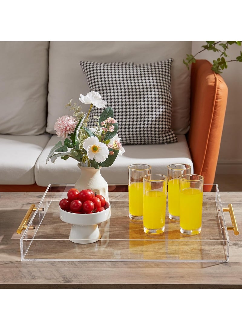 تداو صينية أكريليك شفافة بمقابض ذهبية، صينية أكريليك مستطيلة مزخرفة مقاس 15 × 10 بوصة، مجموعة من صينيتين تقديم شفافتين بمقابض ذهبية للطعام والشاي/القهوة وعرض الفاكهة وتخزين مستحضرات التجميل والعطور - Image 2