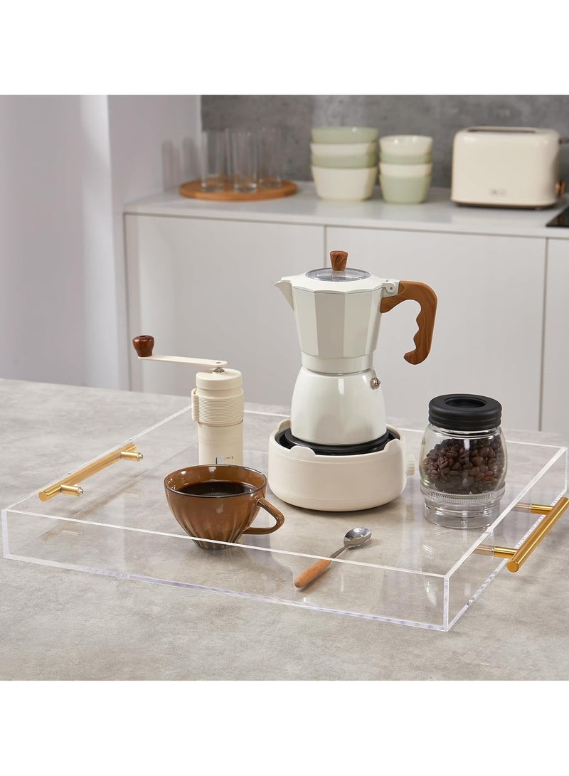 تداو صينية أكريليك شفافة بمقابض ذهبية، صينية أكريليك مستطيلة مزخرفة مقاس 15 × 10 بوصة، مجموعة من صينيتين تقديم شفافتين بمقابض ذهبية للطعام والشاي/القهوة وعرض الفاكهة وتخزين مستحضرات التجميل والعطور - Image 3