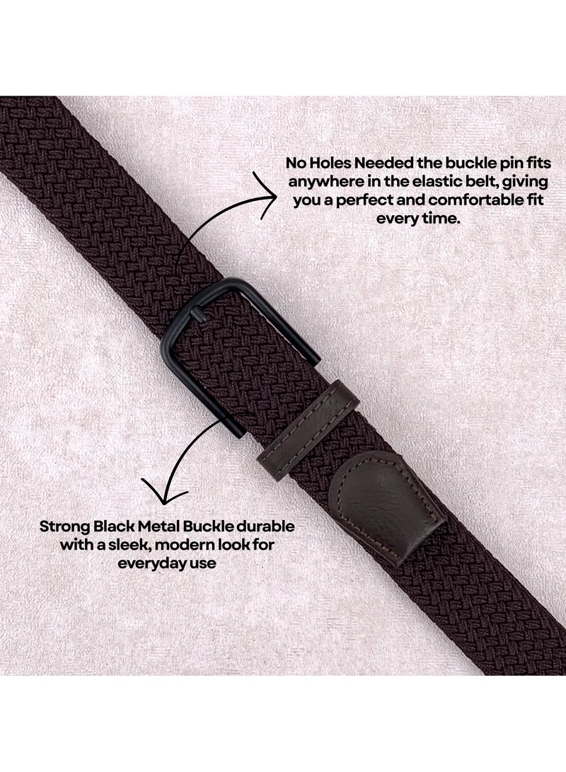 Classic Milano Brown (DWE-317) Classic Milano Braided Cotton Elastic Stretch Belt for Men & Women, Woven Canvas Web Belt with Gift Box, Adjustable Men's Belt | Full Length: 110CM (Free Size - Fits up to the waist of 40 Inches / 100 CM)  | Best Price UAE