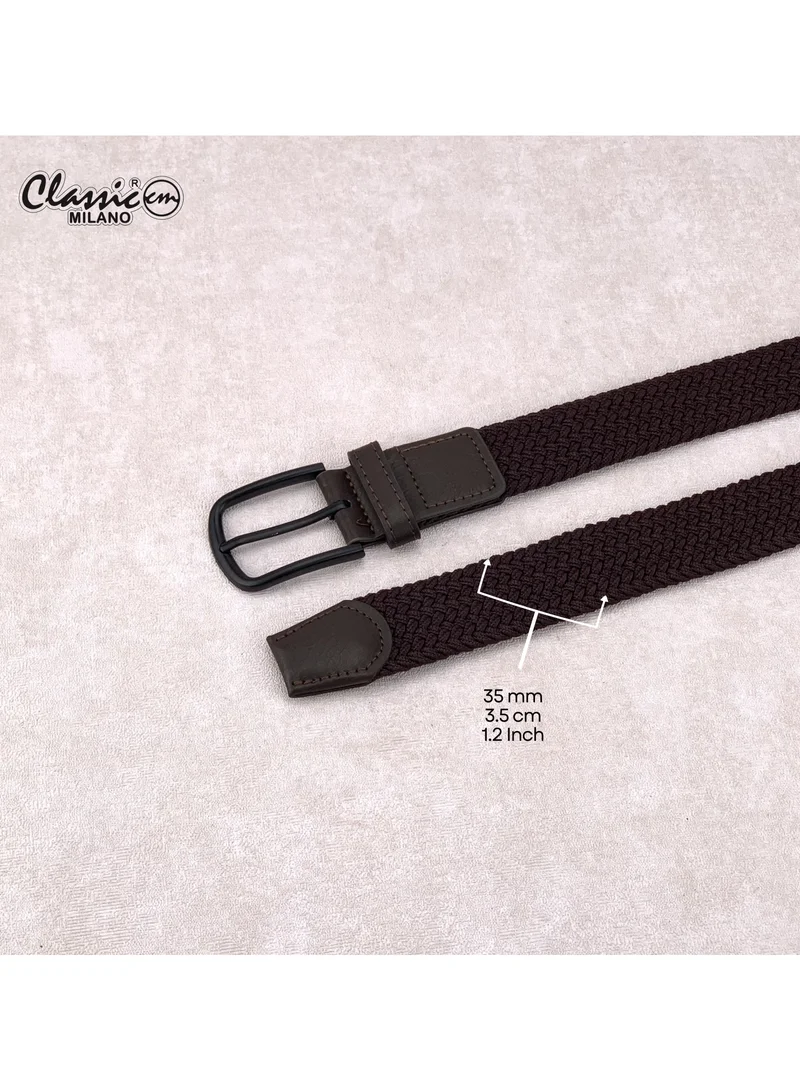 Classic Milano Brown (DWE-317) Classic Milano Braided Cotton Elastic Stretch Belt for Men & Women, Woven Canvas Web Belt with Gift Box, Adjustable Men's Belt | Full Length: 110CM (Free Size - Fits up to the waist of 40 Inches / 100 CM)  | Best Price UAE