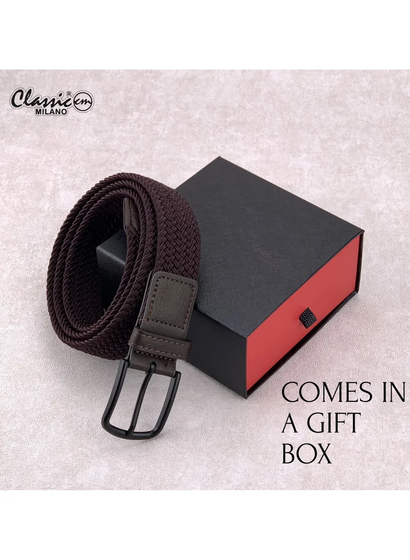 Classic Milano Brown (DWE-317) Classic Milano Braided Cotton Elastic Stretch Belt for Men & Women, Woven Canvas Web Belt with Gift Box, Adjustable Men's Belt | Full Length: 110CM (Free Size - Fits up to the waist of 40 Inches / 100 CM)  | Best Price UAE