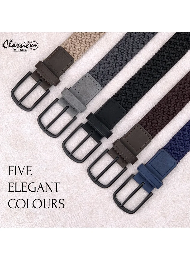 Classic Milano Brown (DWE-317) Classic Milano Braided Cotton Elastic Stretch Belt for Men & Women, Woven Canvas Web Belt with Gift Box, Adjustable Men's Belt | Full Length: 110CM (Free Size - Fits up to the waist of 40 Inches / 100 CM)  | Best Price UAE