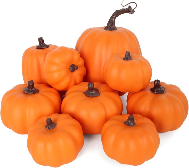 Ghrdopy 9PCS Fall Pumpkin Decor - Plastic Artificial Fake Pumpkins Used for Home Party Outdoor Decor and Thanksgiving Decorations(Orange) - Image 1