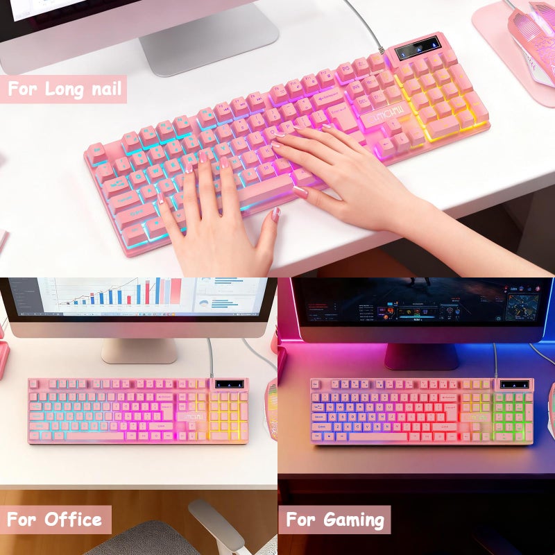 CHONCHOW Light Up Cute Pink Gaming Keyboard, 104 Keys Full Size, Number Pad, 19 Keys Anti-Ghosting, Multimedia Function Keys, 3 Colors LED Backlit, USB Wired Creamy Keyboard for PC, Computer, Desktop, Laptop - Image 3