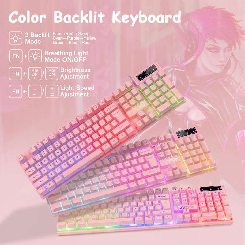 CHONCHOW Light Up Cute Pink Gaming Keyboard, 104 Keys Full Size, Number Pad, 19 Keys Anti-Ghosting, Multimedia Function Keys, 3 Colors LED Backlit, USB Wired Creamy Keyboard for PC, Computer, Desktop, Laptop - Image 2